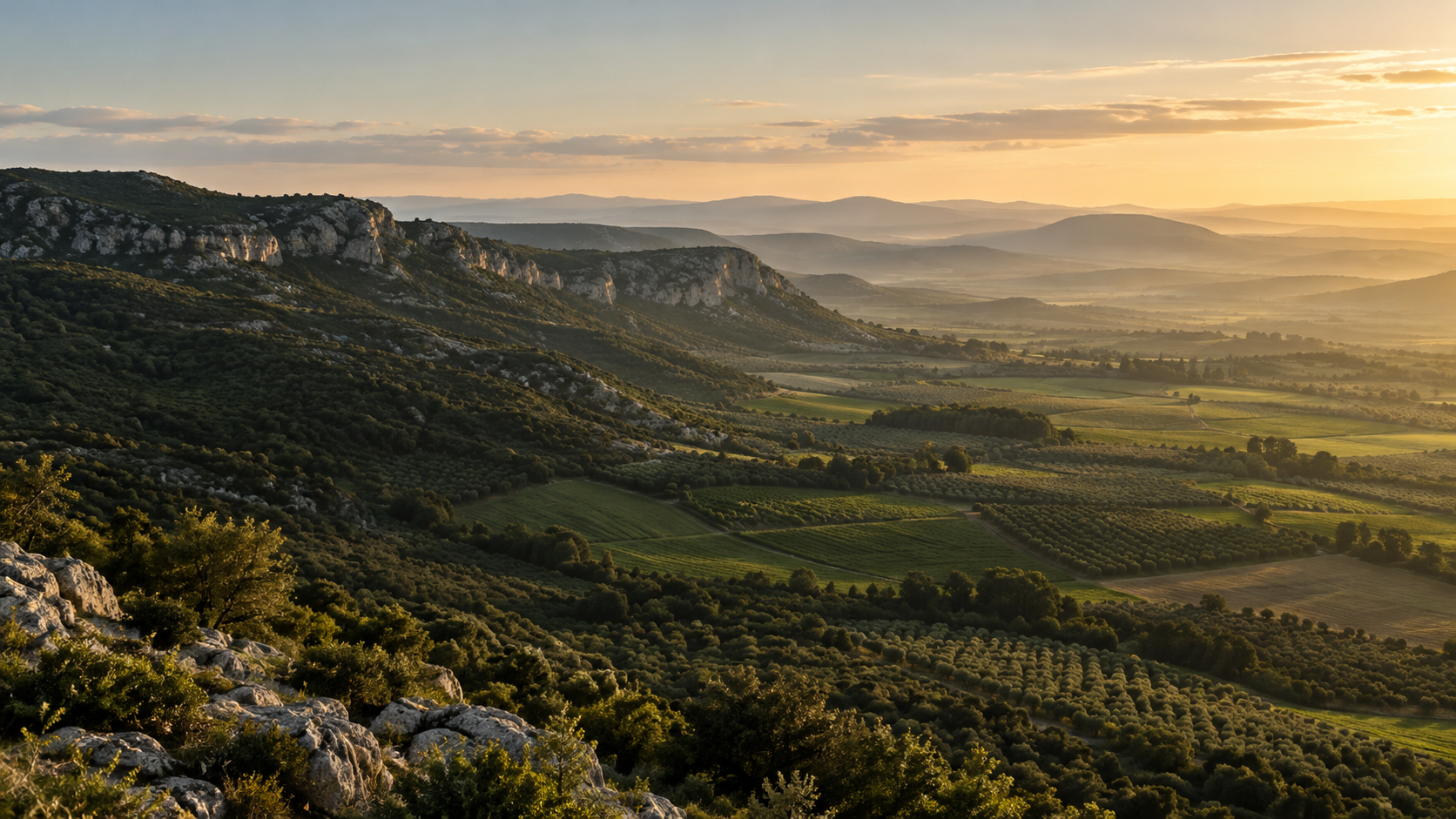 Illustrative limestone hills and green fields at sunrise